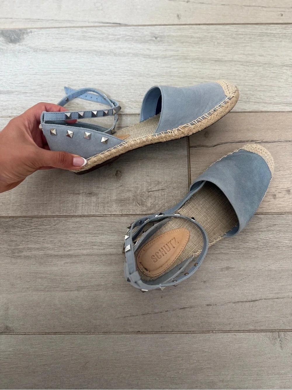 SCHUTZ Blue Suede Espadrille Flats with Stud Ankle Strap